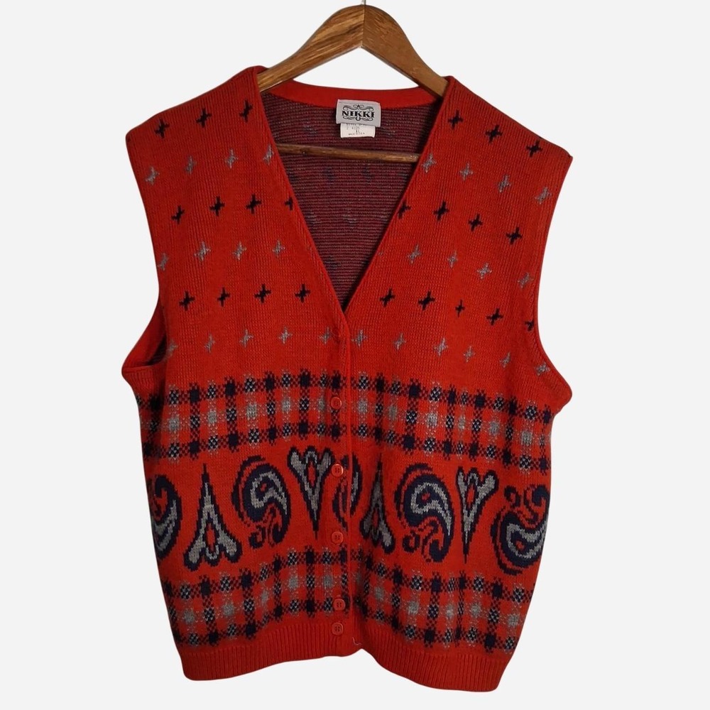 Womens Vintage 90s red sweater vest with paisley and plaid design